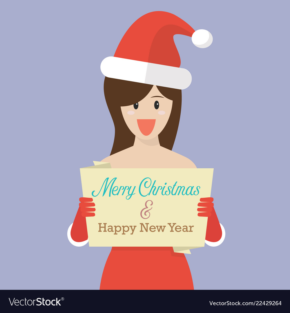 happy woman in santa claus clothes holding banner vector image