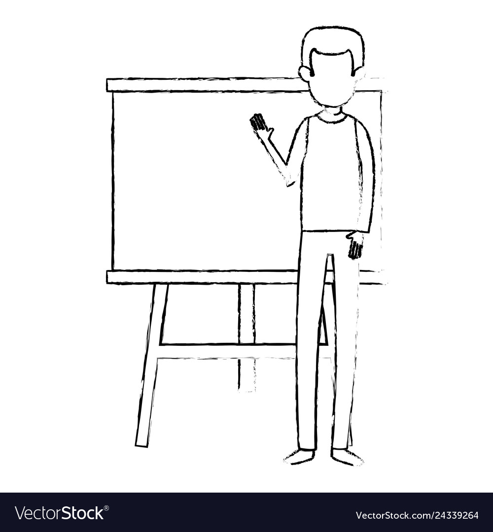 Man teaching with paperboard character