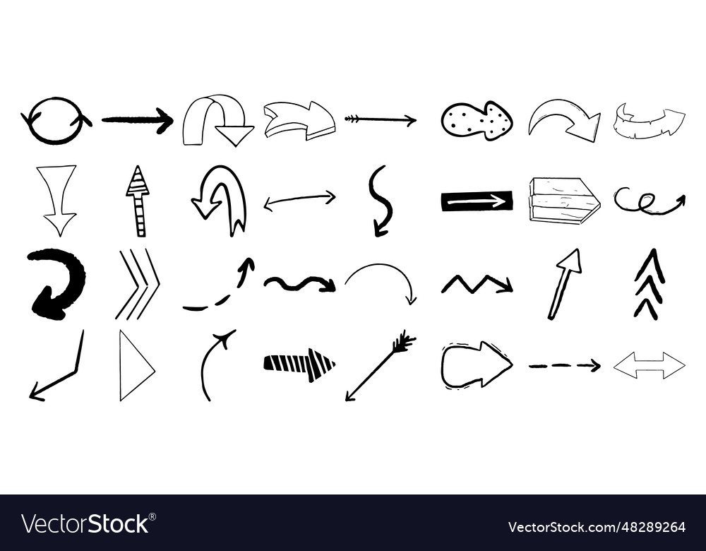 Set arrow pointer ink lines textured shapes hand vector image Set arrow pointer ink lines textured shapes hand