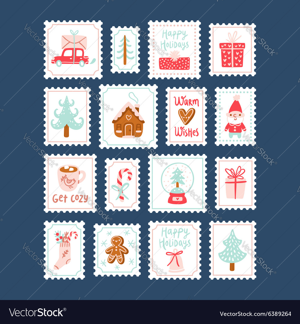 Winter holidays decorative post stamps set Vector Image