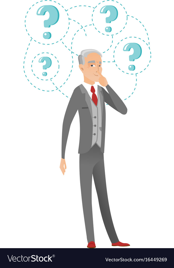 Senior caucasian businessman under question marks Vector Image