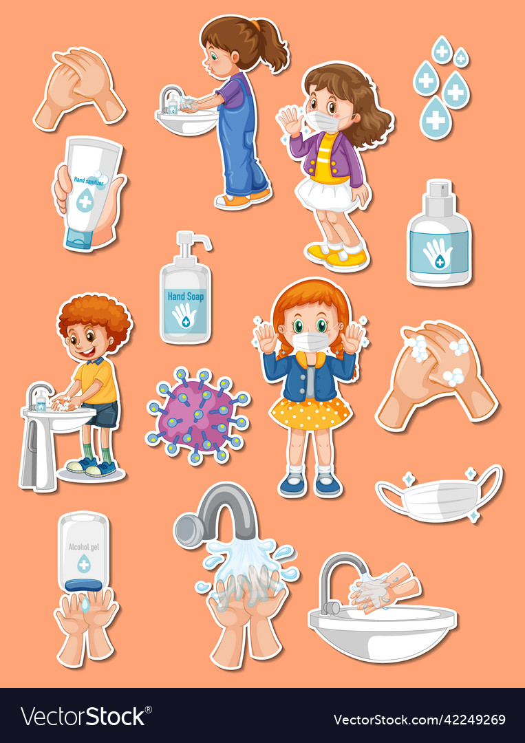 Sticker set of covid19 and cartoon character Vector Image