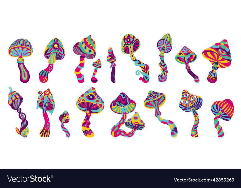 Trippy mushrooms icon set vector image Trippy mushrooms icon set