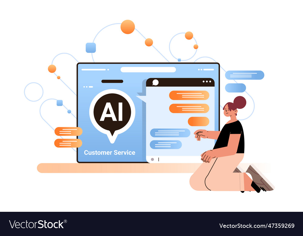 Woman chatting with chatbot in computer Royalty Free Vector