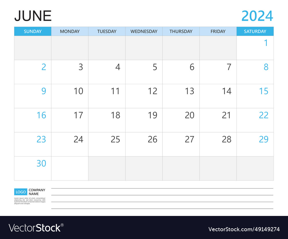 Calendar planner 2024 template- june year Vector Image