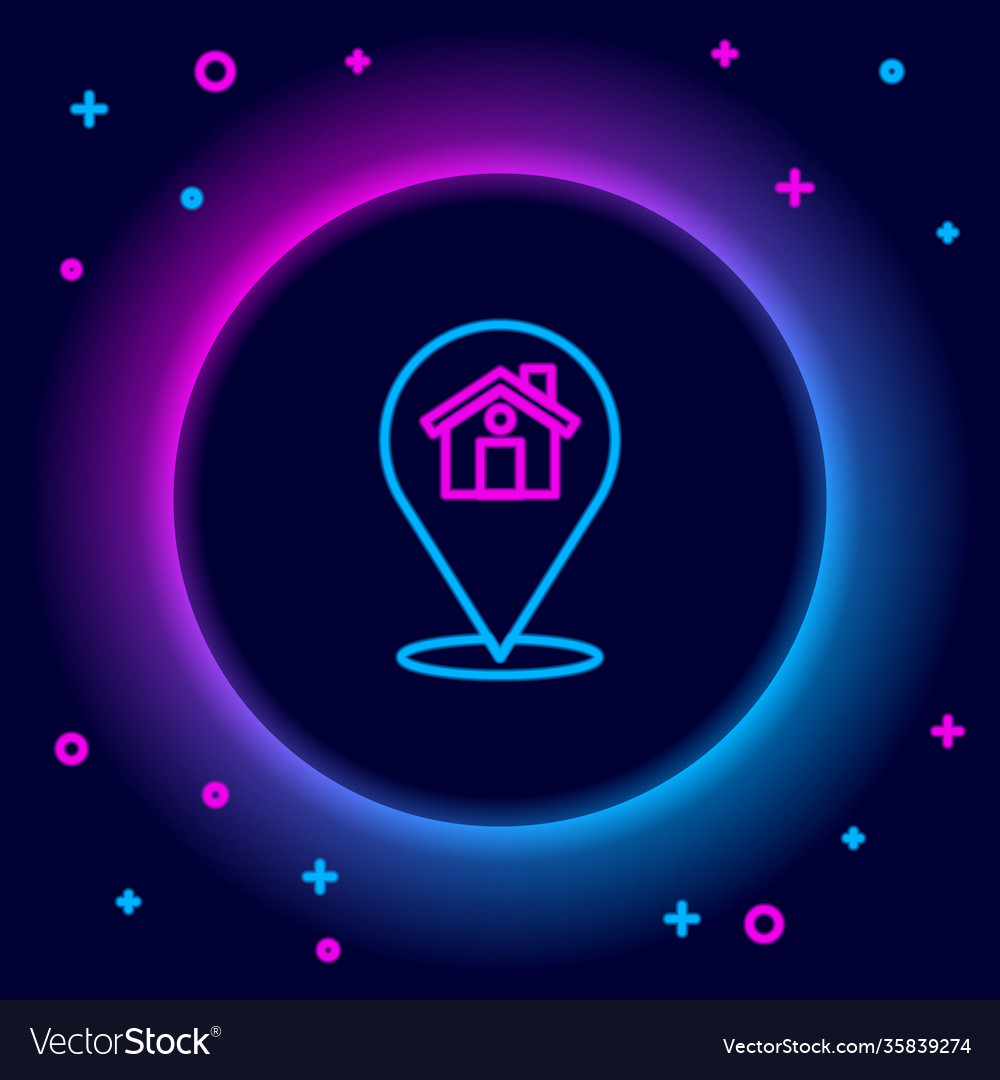 Glowing neon line map pointer with house icon vector image Glowing neon line map pointer with house icon