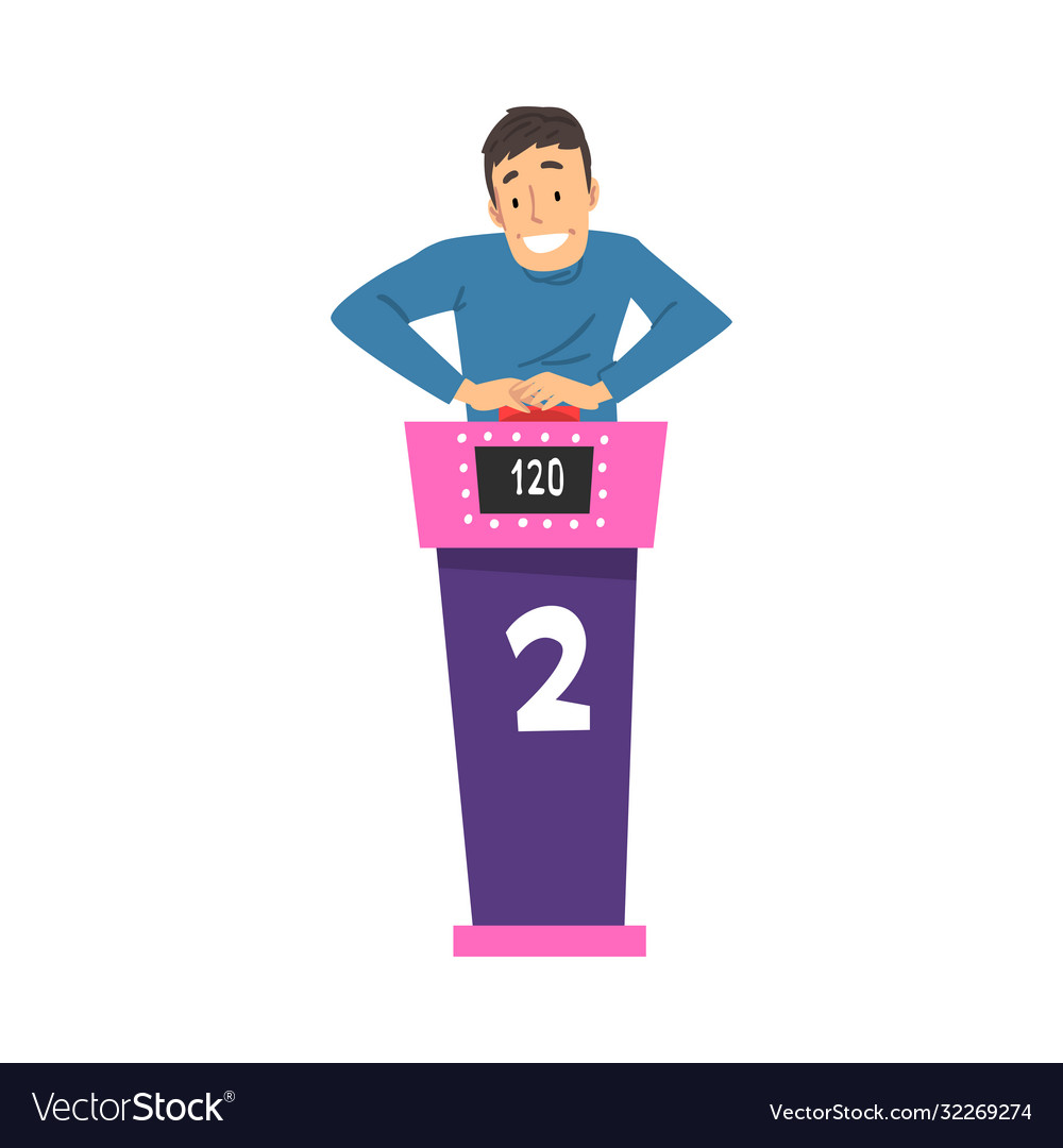 Man guessing quiz question and pressing button vector image Man guessing quiz question and pressing button