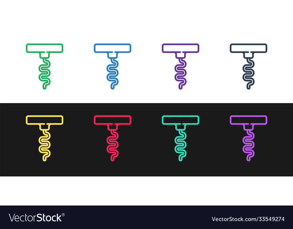 Set line wine corkscrew icon isolated on black