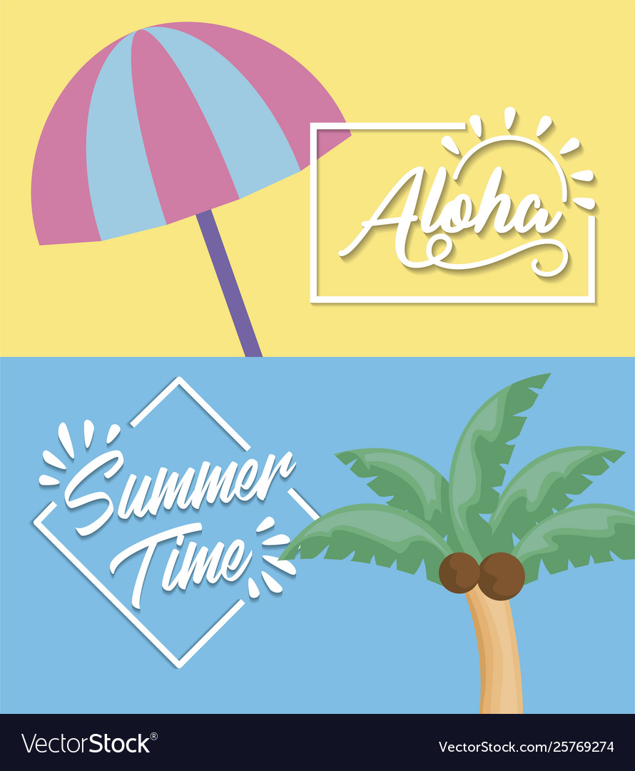 Summer time holiday poster with umbrella and palm