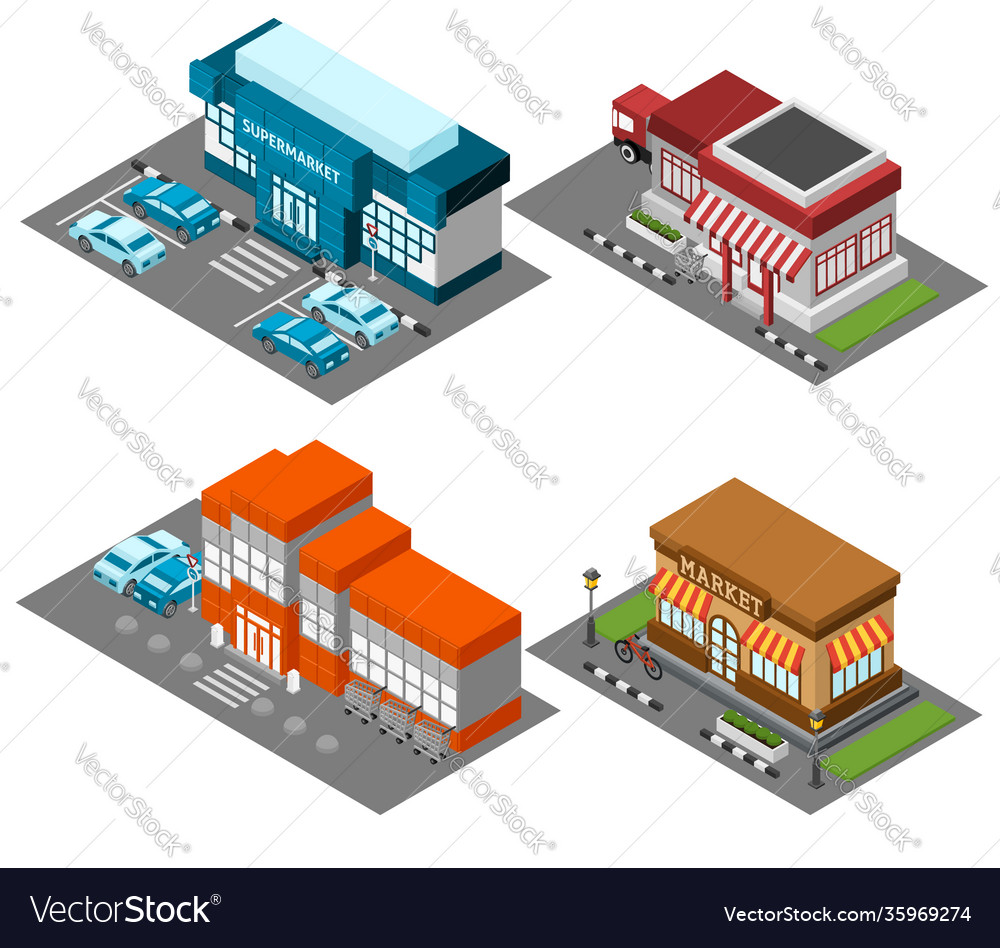 Supermarket stores buildings isometric icons set