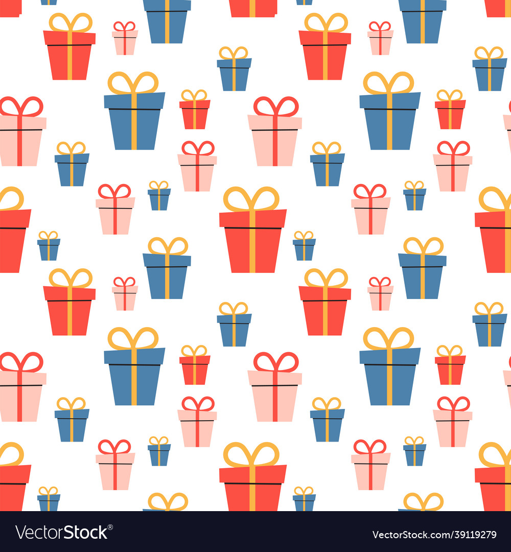 Cartoon holiday boxes with bows seamless pattern