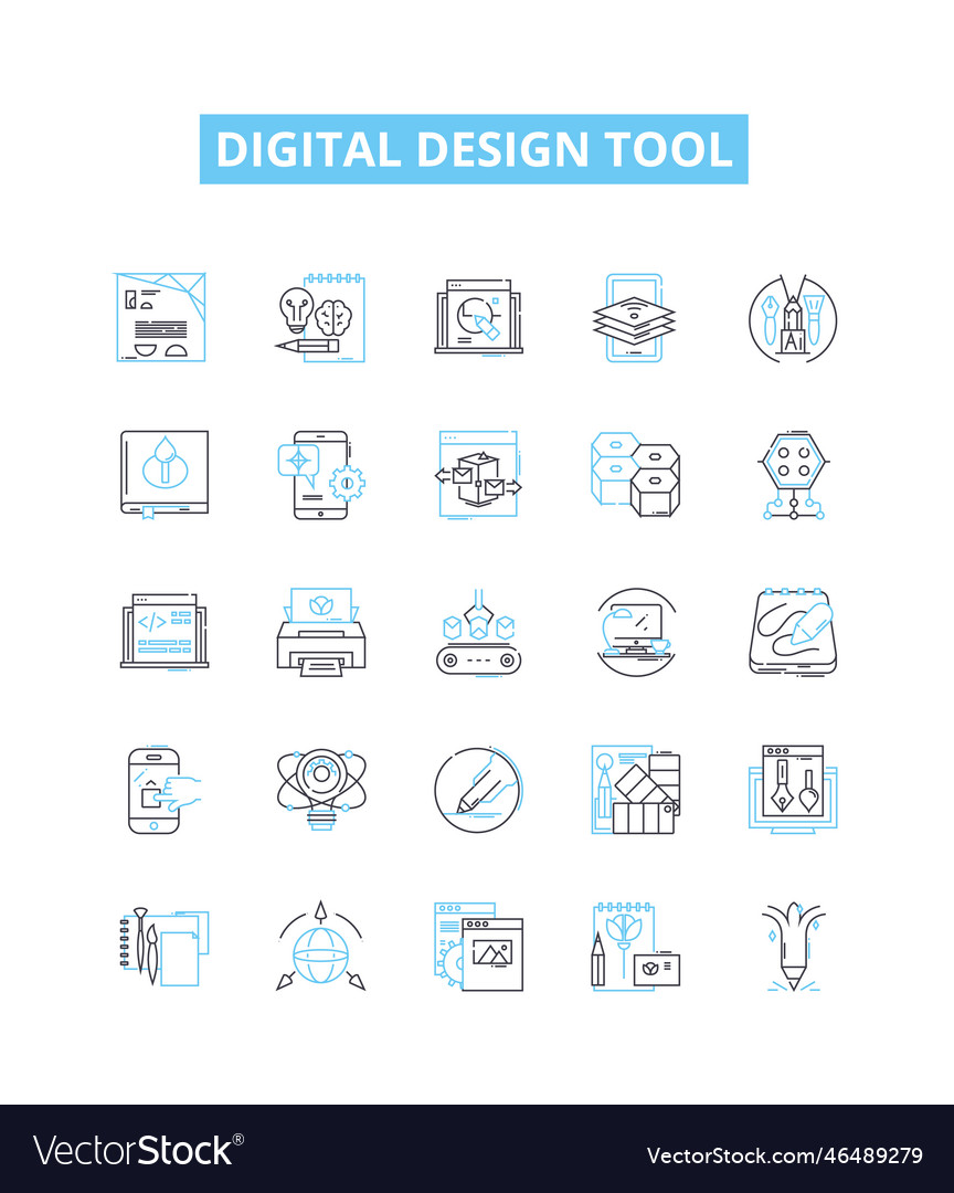 Digital design tool line icons set