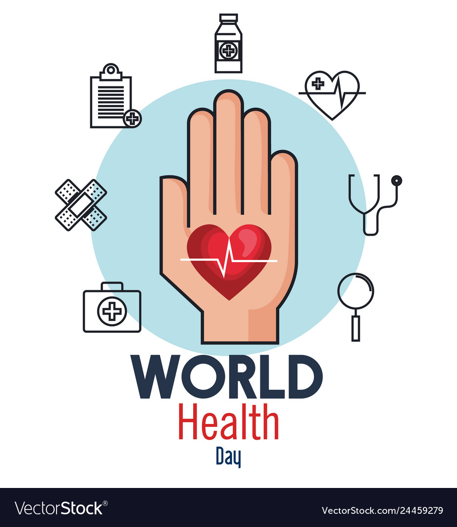 Hand with heartbeat and medicine to health day