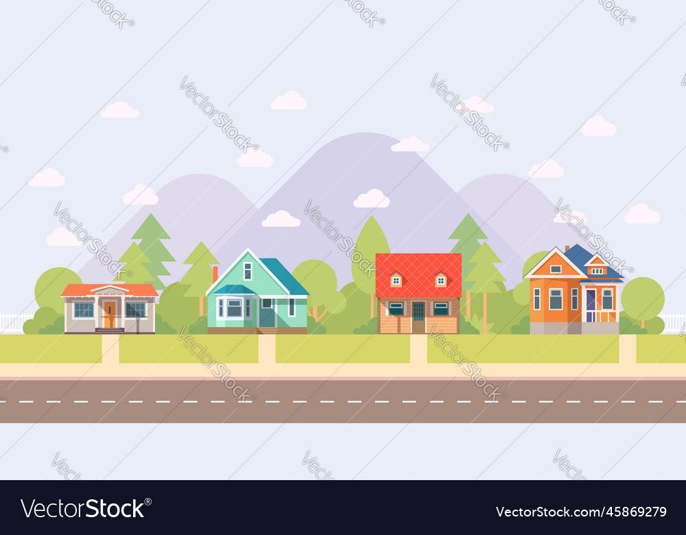 Landscape houses on the background of mountains