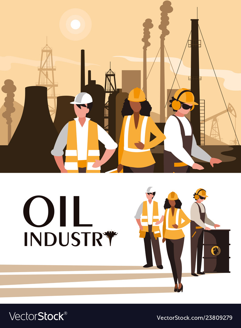 Oil industry scene with plant pipeline and workers