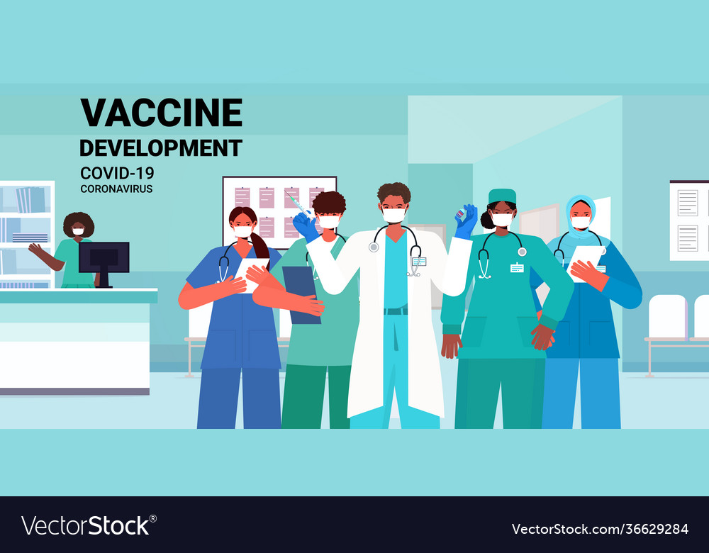 Doctors team in medical masks holding syringe Vector Image