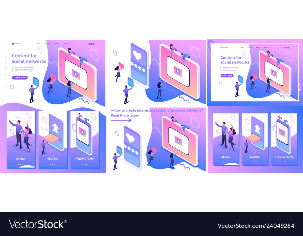 Isometric content creation for social networks vector image Isometric content creation for social networks
