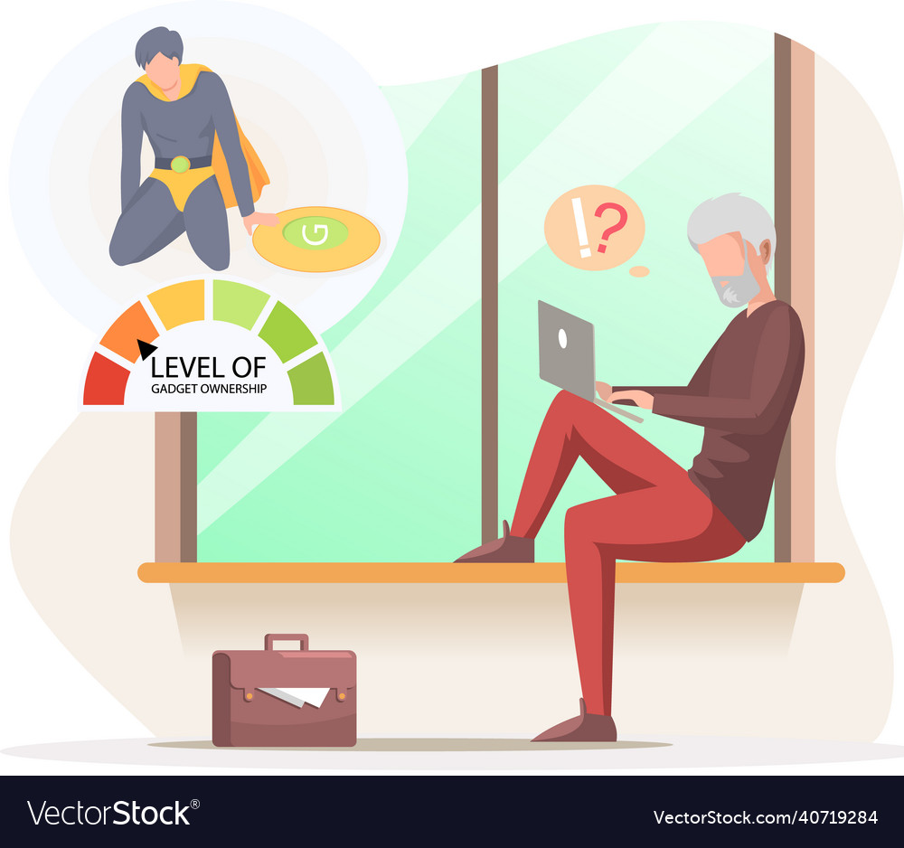 Old man with computer sitting on windowsill vector image Old man with computer sitting on windowsill