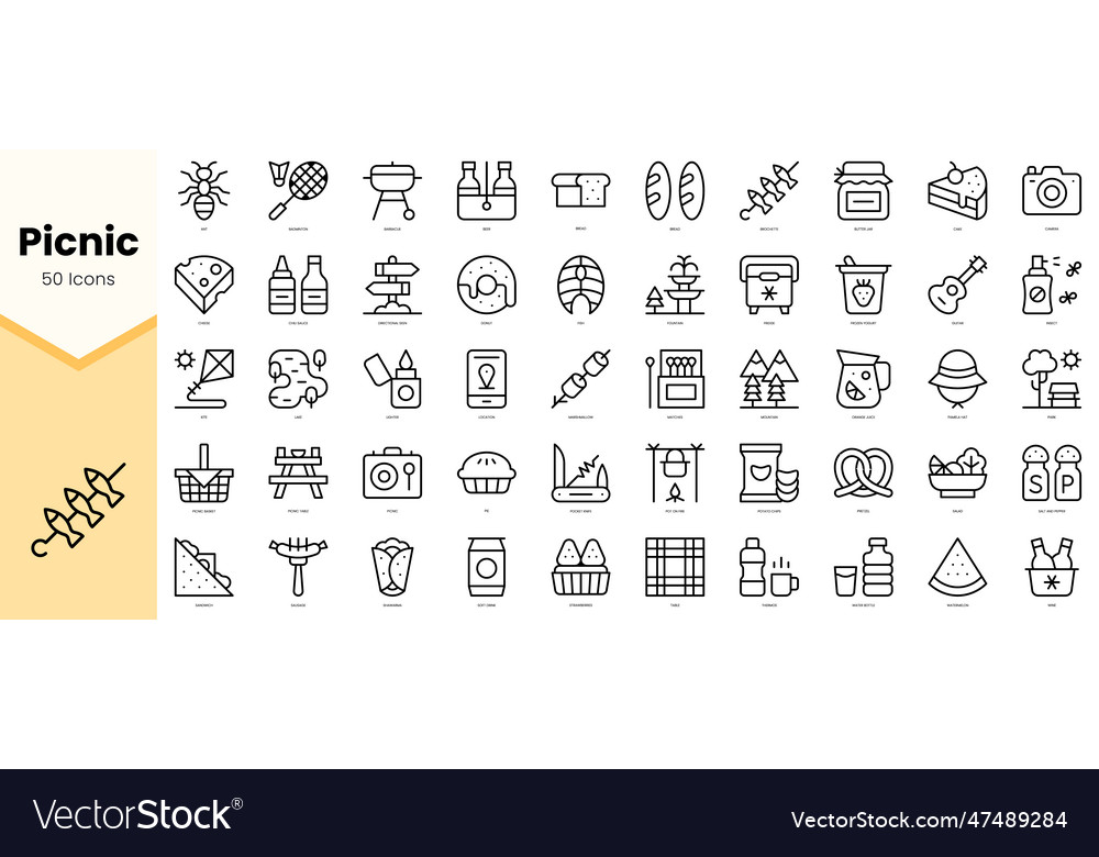 Set of picnic icons simple line art style Vector Image Set of picnic icons simple line art style