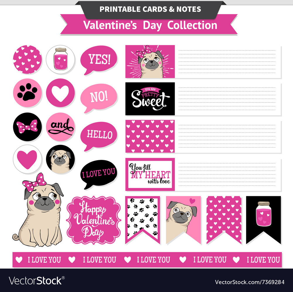 Valentines Day Printable Set Wih Funny Pugs Vector Image