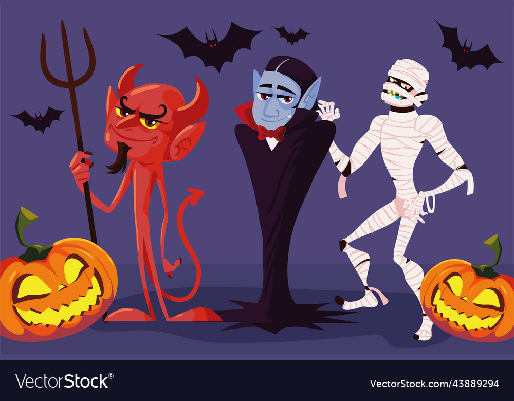 Halloween characters and pumpkins Royalty Free Vector Image