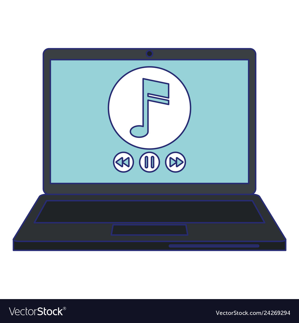 Laptop Playing Music On Its Own Laptop with music player blue lines Royalty Free Vector