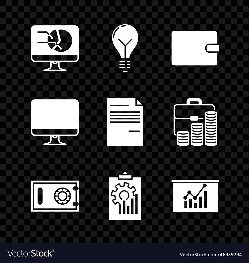 Computermonitor mit Diagrammdiagramm Glühbirne einstellen vector image Computermonitor mit Diagrammdiagramm Glühbirne einstellen