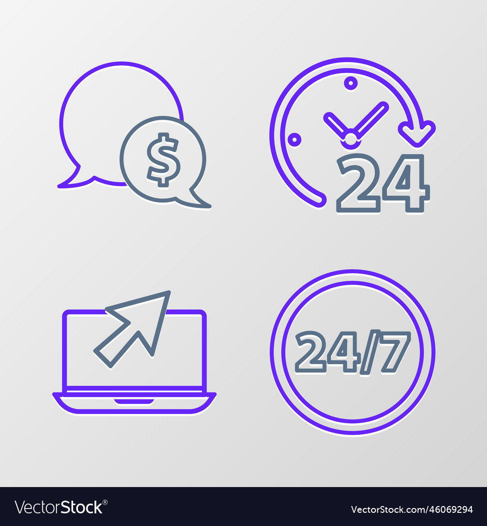 Set line clock 24 hours laptop and cursor vector image Set line clock 24 hours laptop and cursor