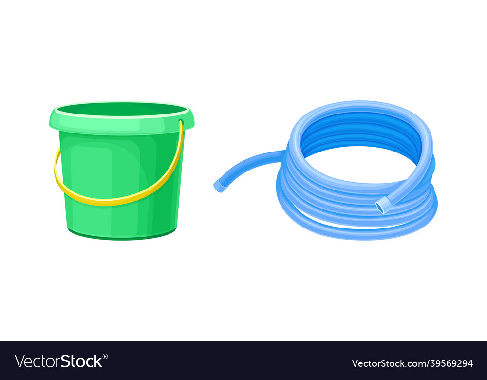 Set aus Gartenwerkzeugen grüner Kunststoff Eimer vector image Set aus Gartenwerkzeugen grüner Kunststoff Eimer
