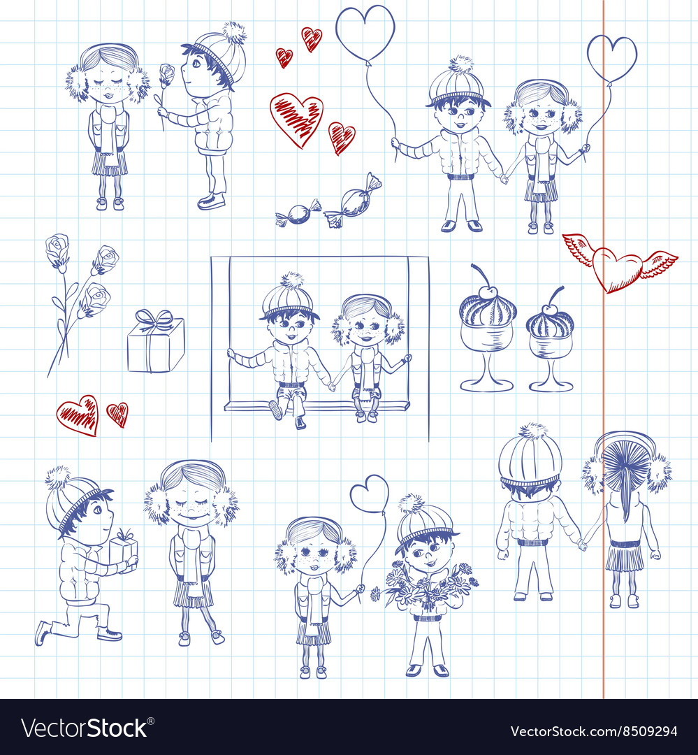 Sketch Set Of A Boy And Girl Inlove