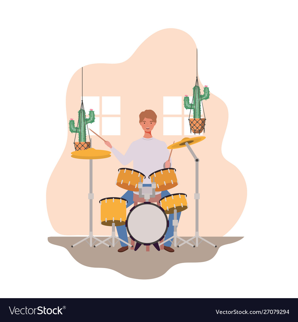 Young man with drum kit and houseplants on macrame