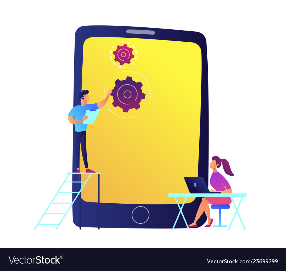 Developers and huge mobile phone with gears