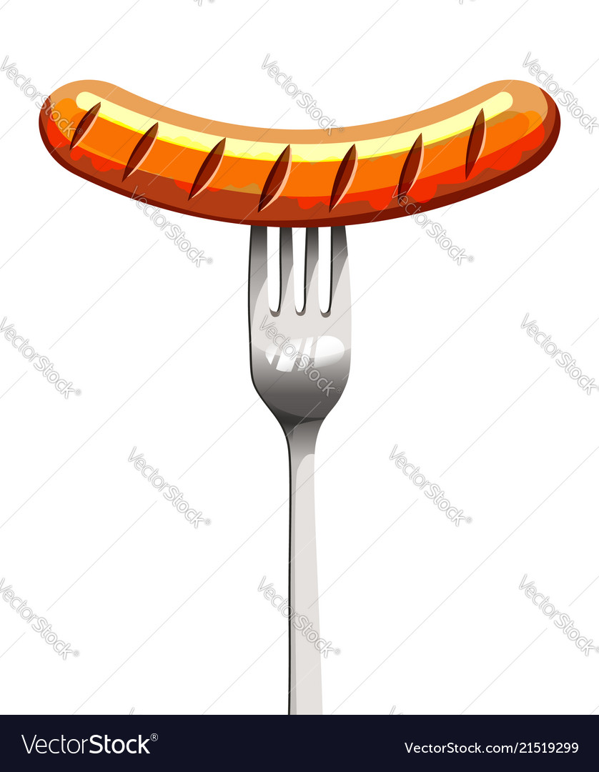 Grilled sausage on a fork isolated