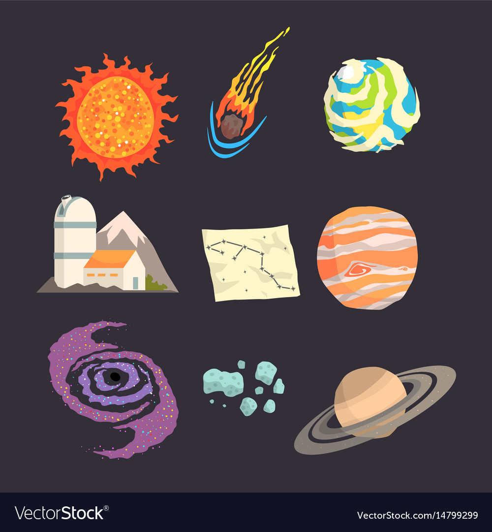Solar system objects set colorful collection