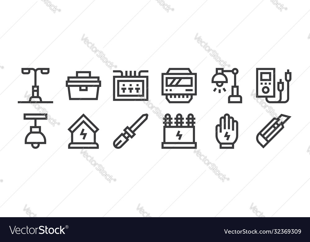 12 set linear electrician tools and elements vector image 12 set linear electrician tools and elements