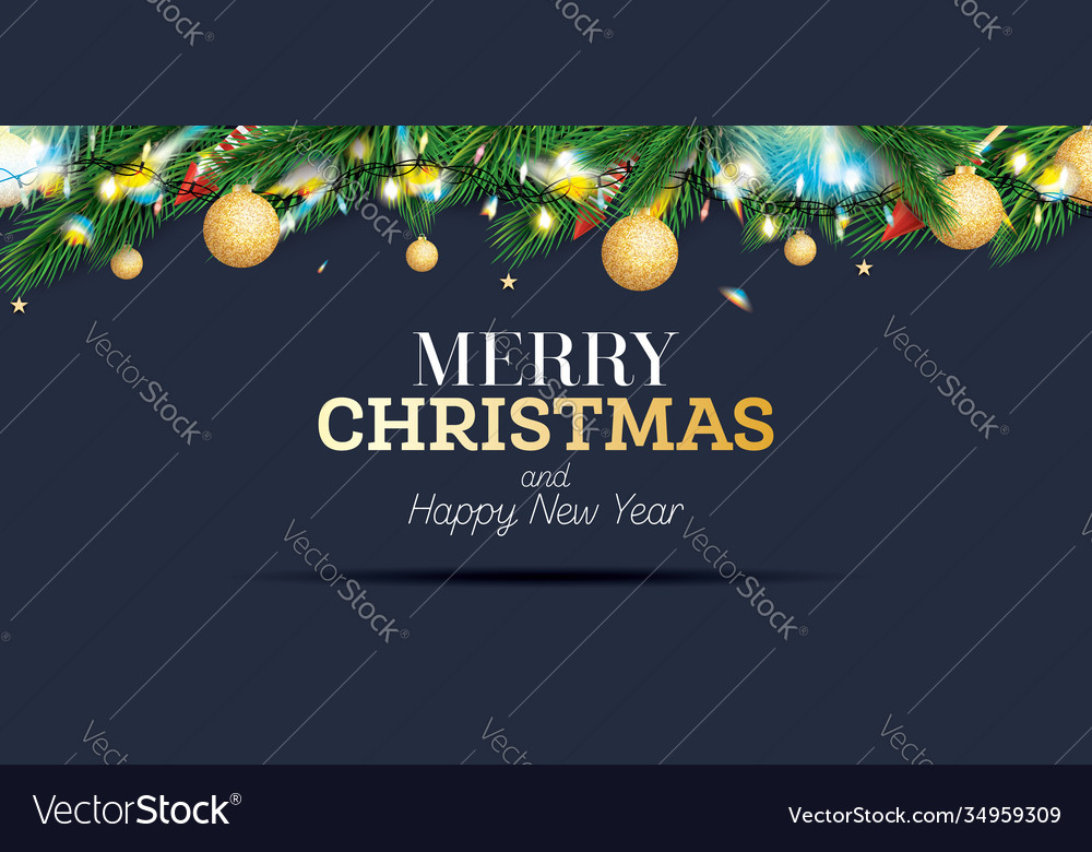 Fir branches with neon lights and gold balls Vector Image