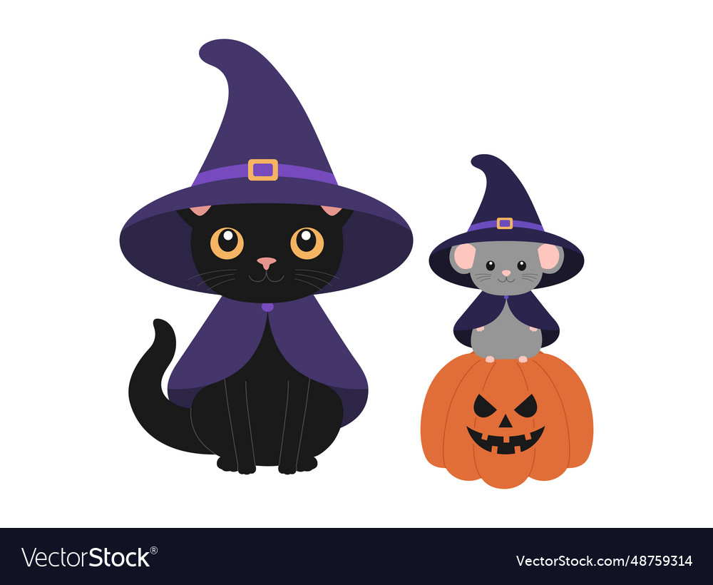 Cute black cat and little mouse in witch hats