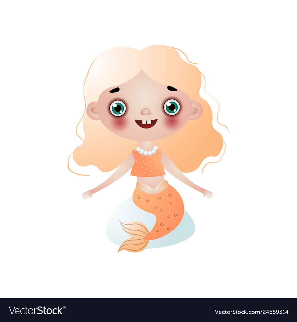 Cute Smiling Mermaid Girl With Blond Wavy Hair And