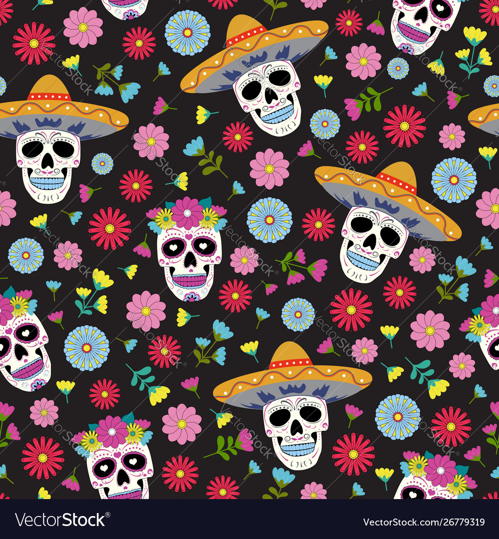 Day dead skull with floral ornament vector image Day dead skull with floral ornament