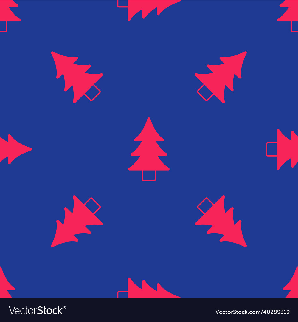 Red tree icon isolated seamless pattern on blue vector image Red tree icon isolated seamless pattern on blue