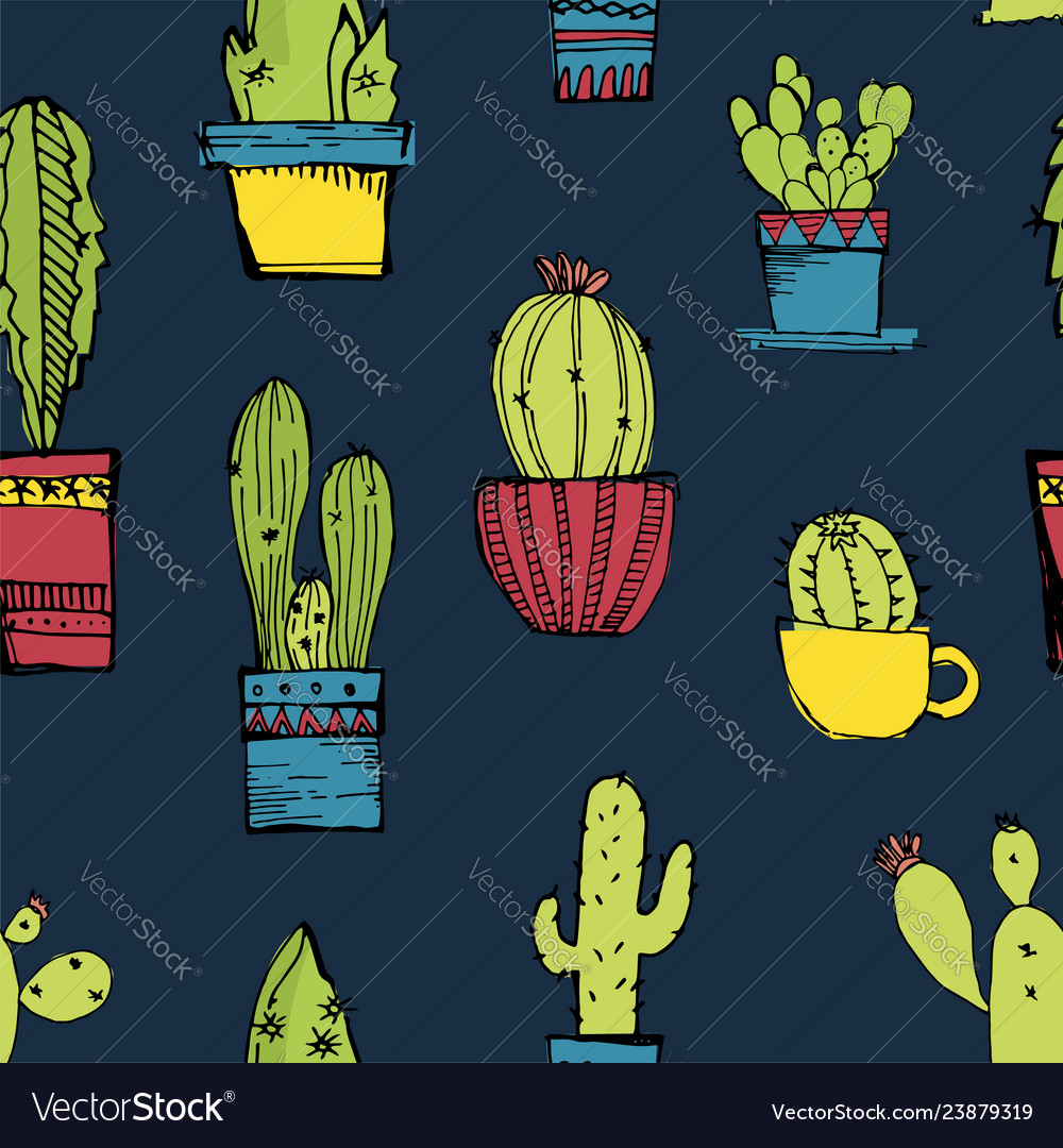 Seamless pattern with different cactus vector image Seamless pattern with different cactus