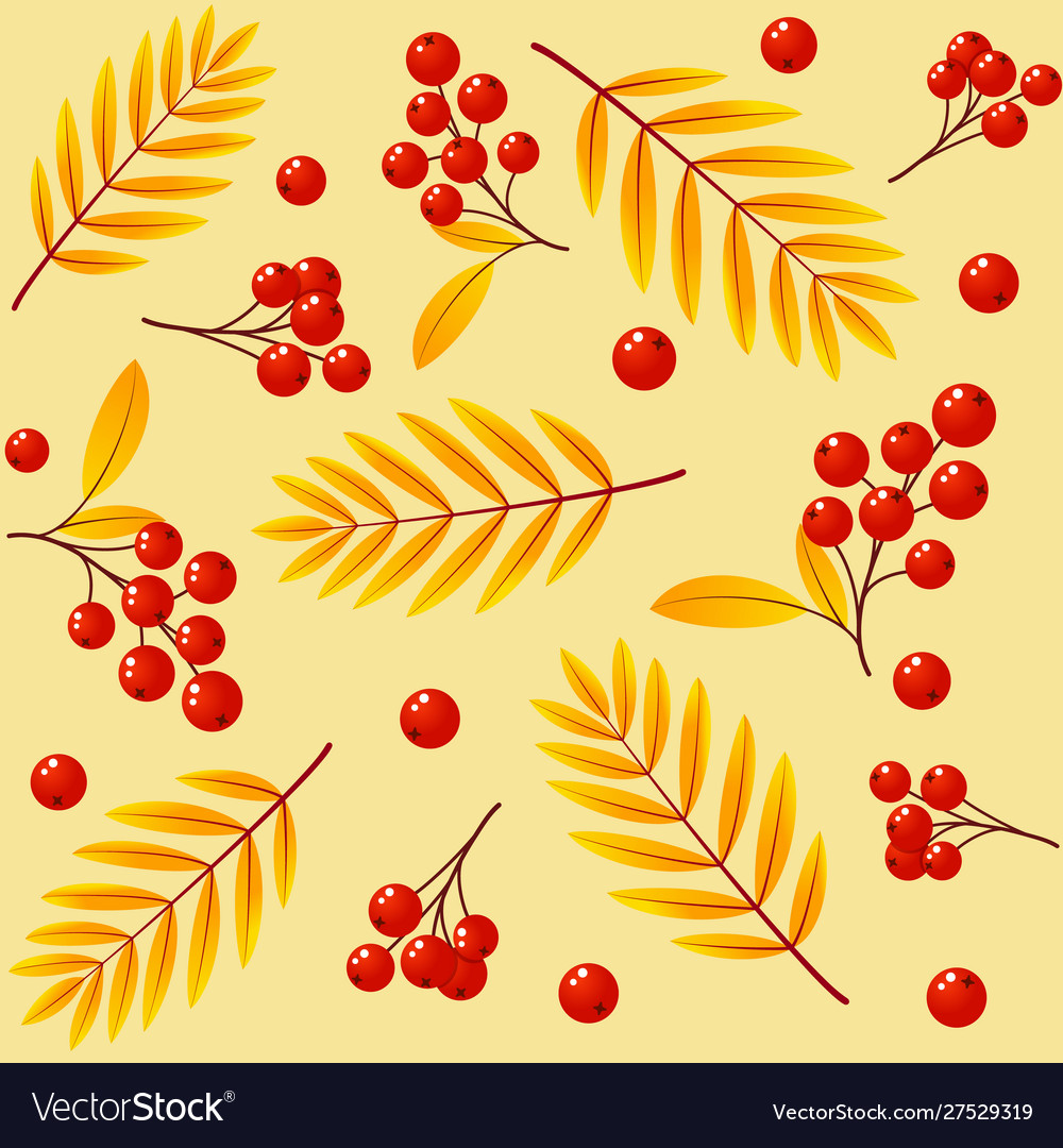 Seamless pattern with red rowan berries and autumn
