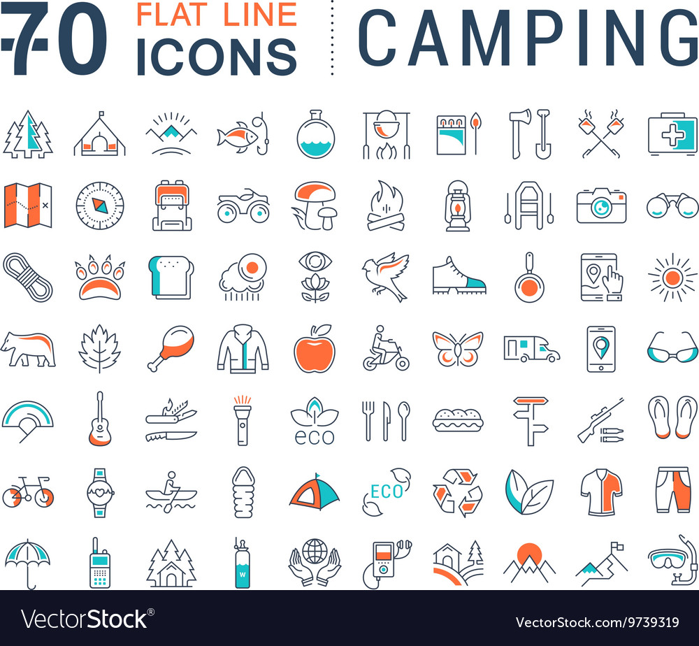 Set flat line icons camping