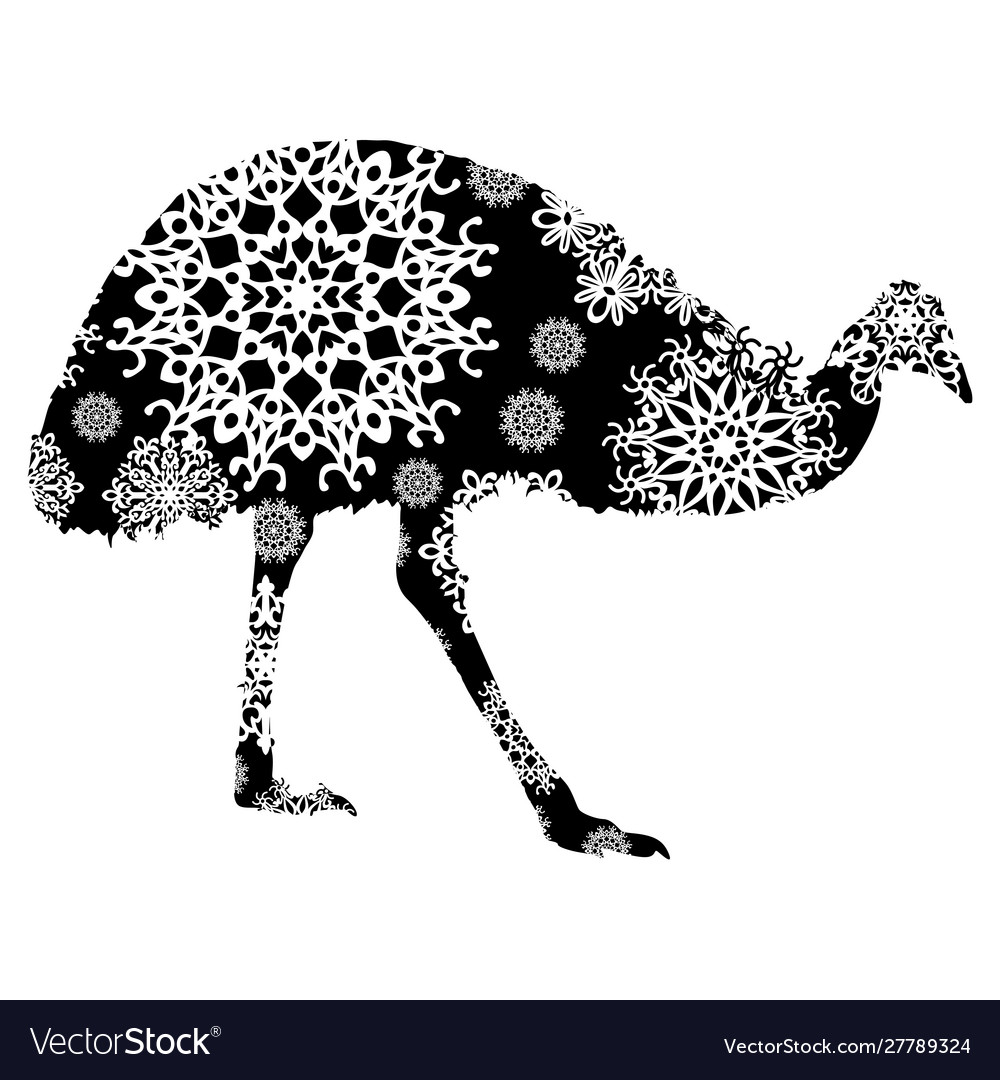 Christmas card ostrich in snowflakes on a white