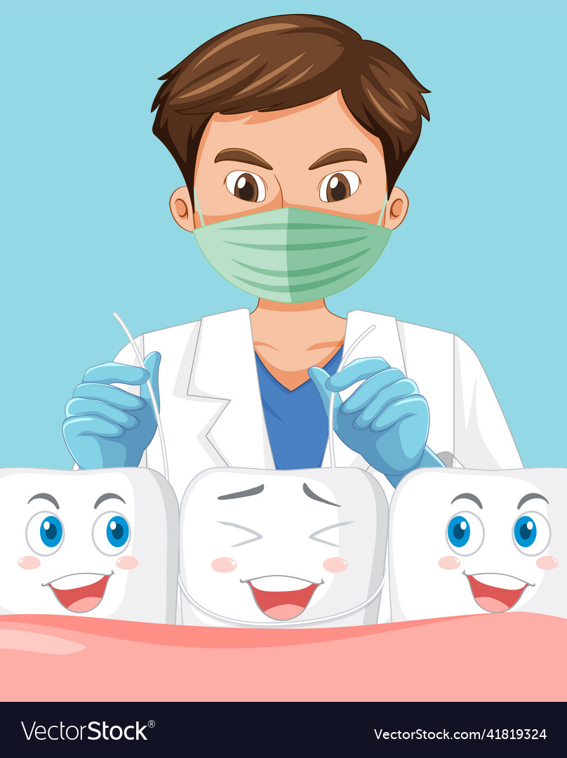 Dentist holding instruments and examining teeth Vector Image