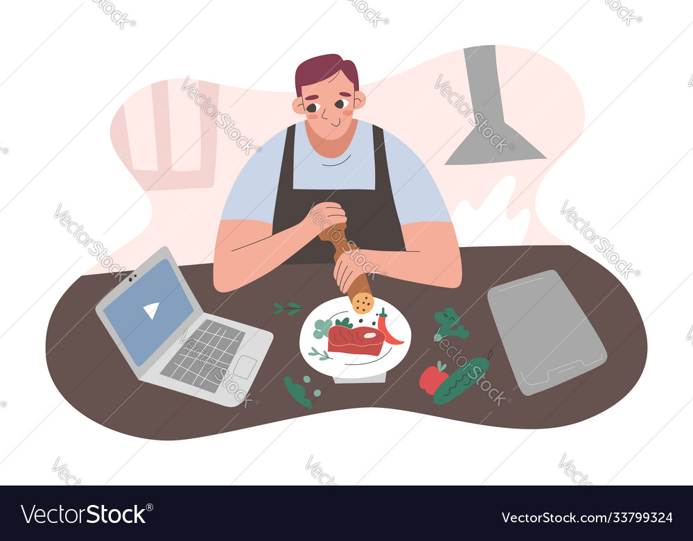 Man cooking meat beefsteak for dinner at home