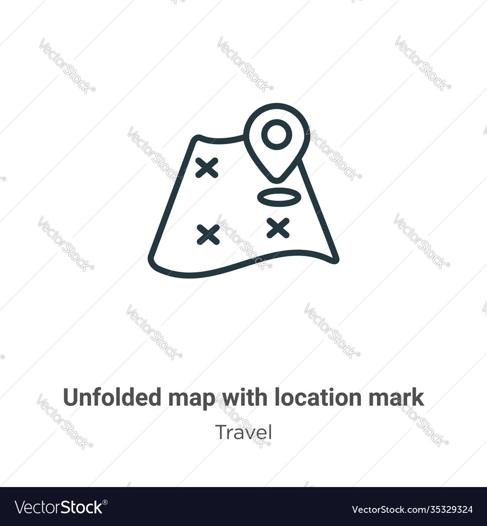 Unfolded map with location mark outline icon thin