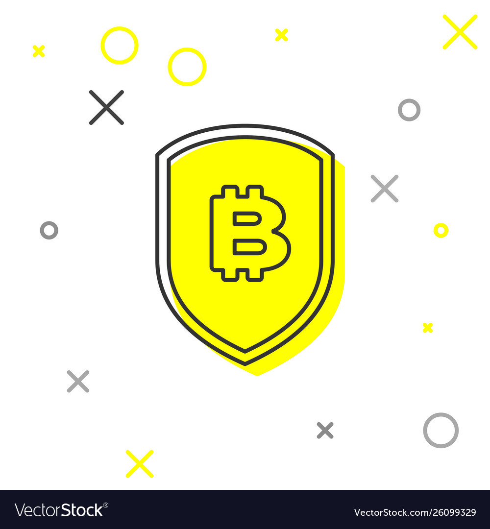 Grey shield with bitcoin line icon isolated