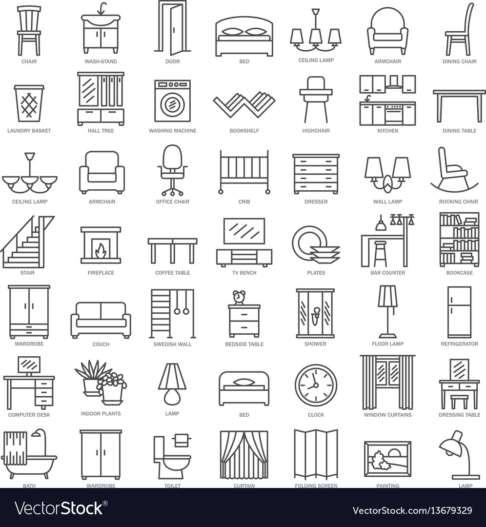 Indoor furniture linear icons set Royalty Free Vector Image