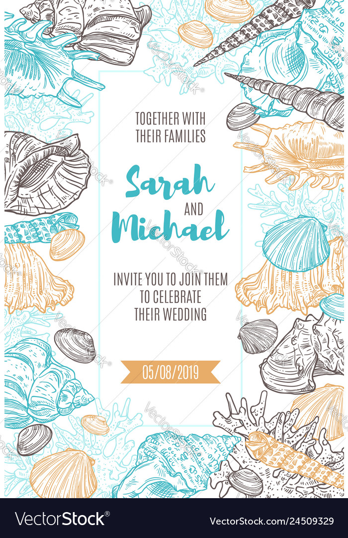 Seashells and corals frame on wedding invitation Vector Image